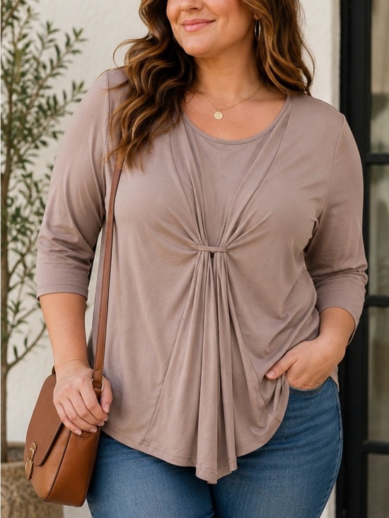 Tops - Ruched Front Scoop Neck Blouse XXL | Taupe Draped 3/4 Sleeve Top